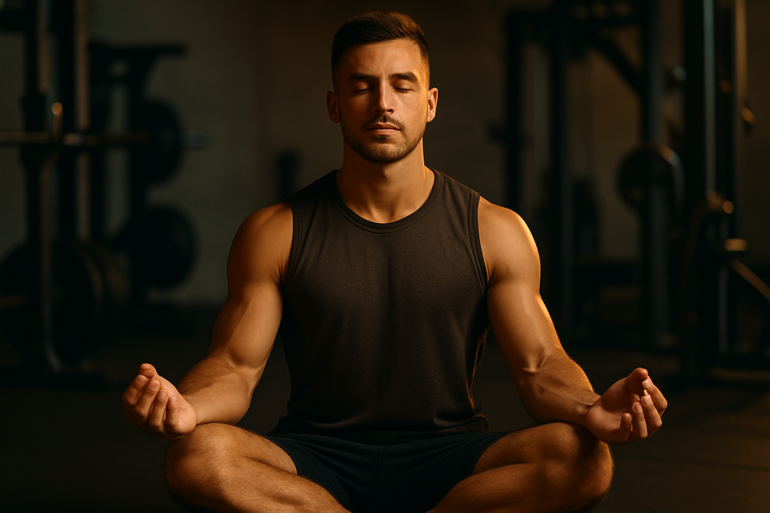 Athletic man practicing meditation and focus training in a gym setting
