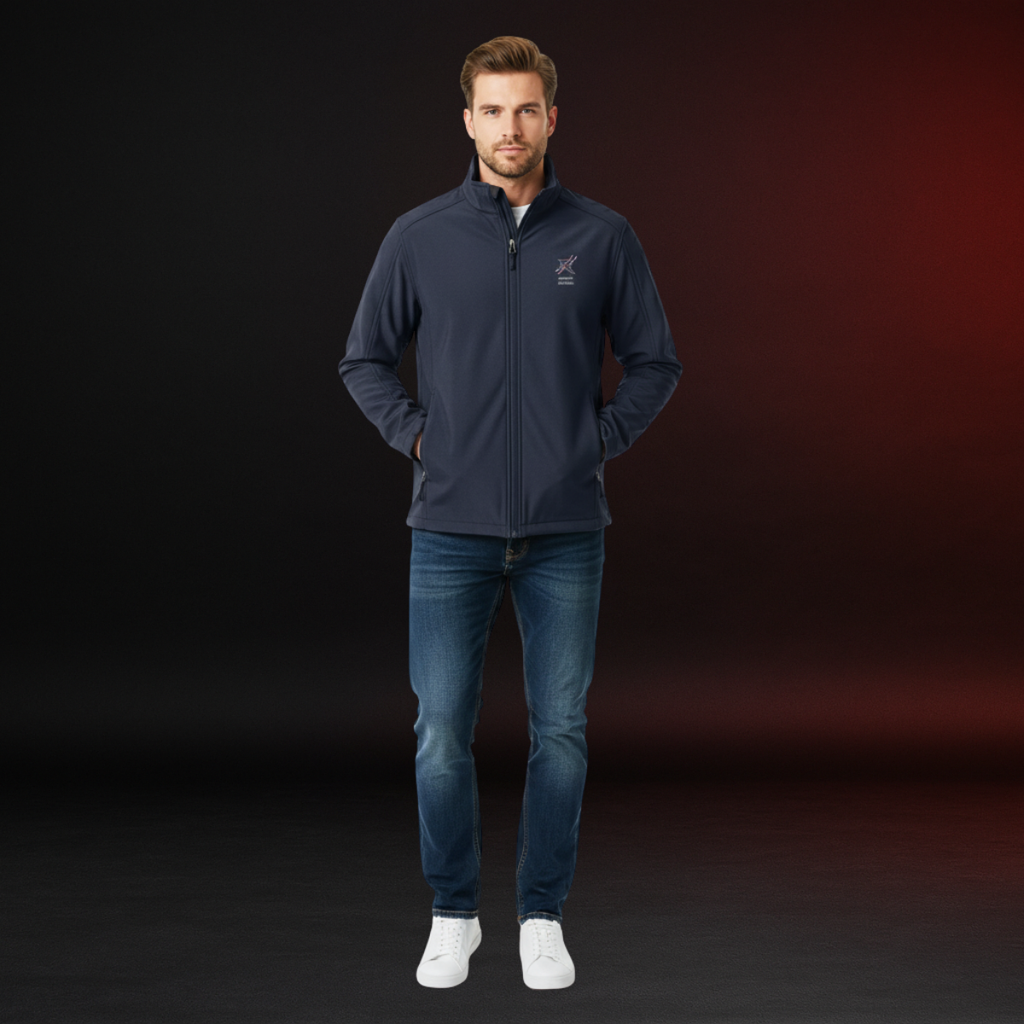 Man wearing a dark blue jacket with a logo on a gradient black to red background