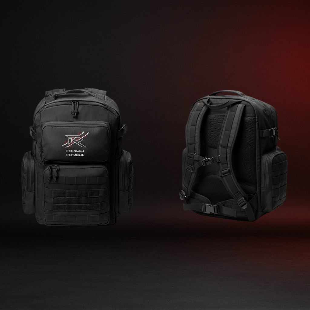 Black tactical backpack with a brand logo on a dark background