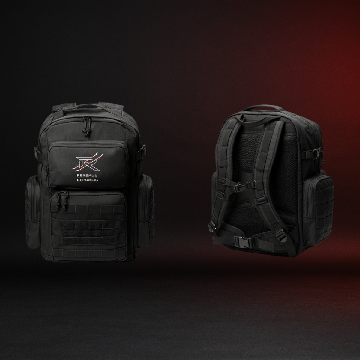 Black tactical backpack with a brand logo on a dark background