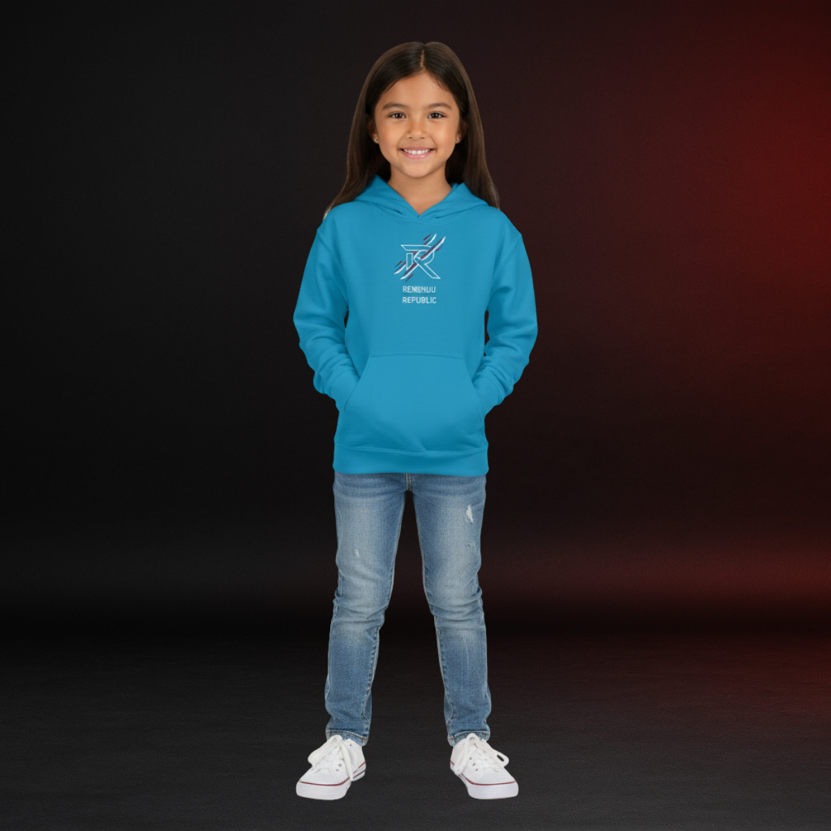 Child wearing a blue hoodie with a logo and text on a dark background