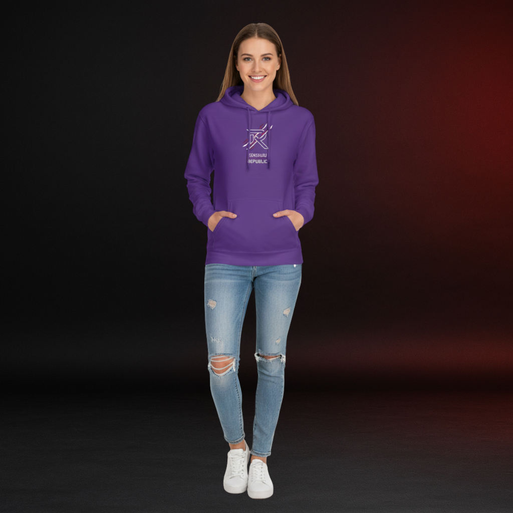 Woman wearing a purple hoodie with a logo on a dark background