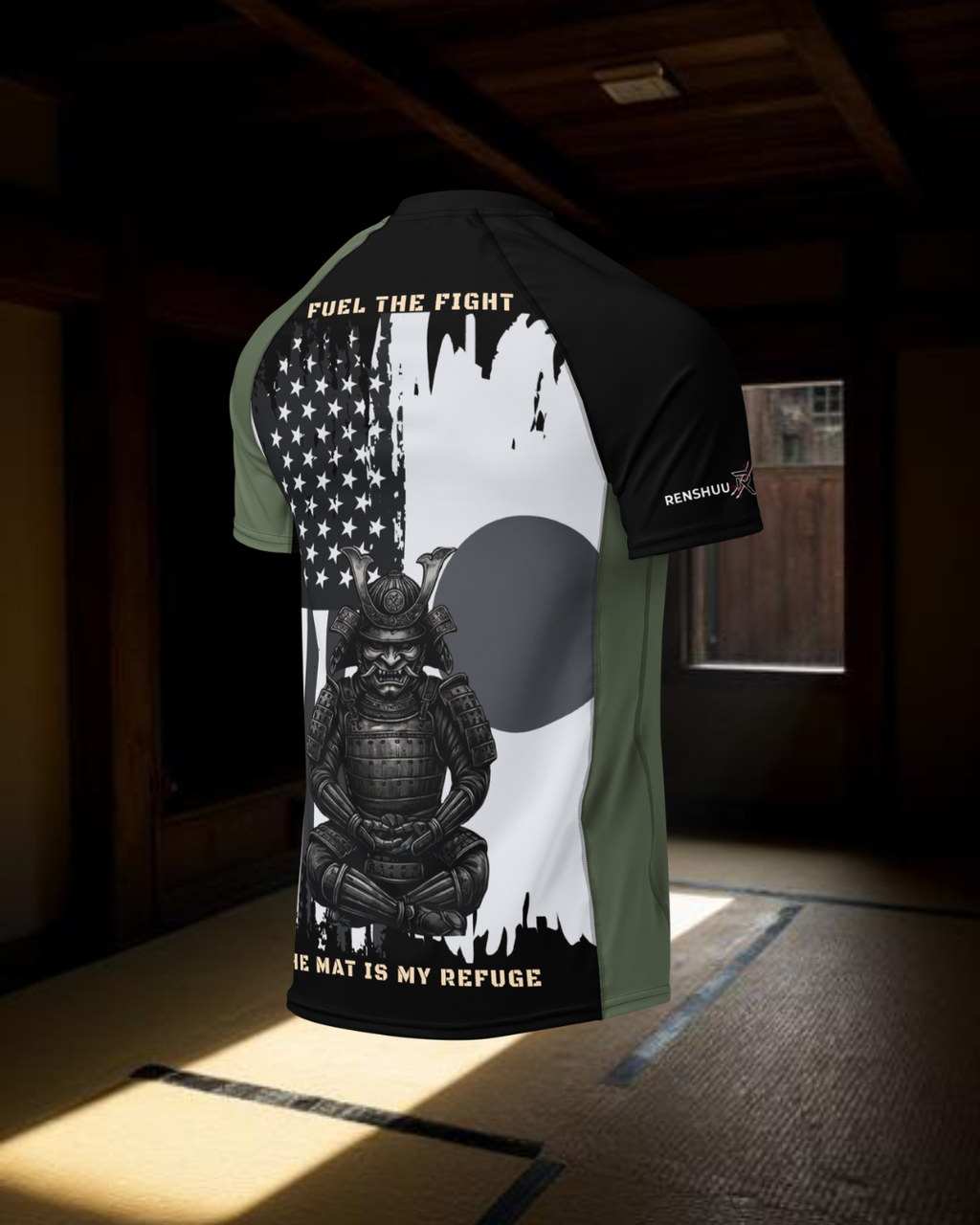 black and white american and japenese flag on the back of a rashgurad