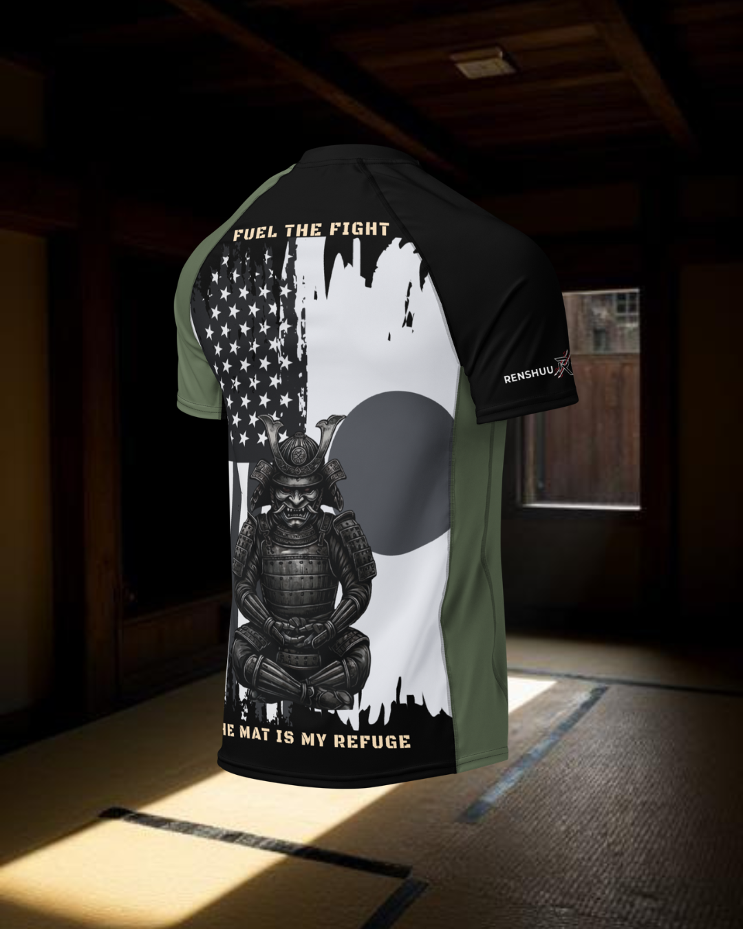 black and white american and japenese flag on the back of a rashgurad