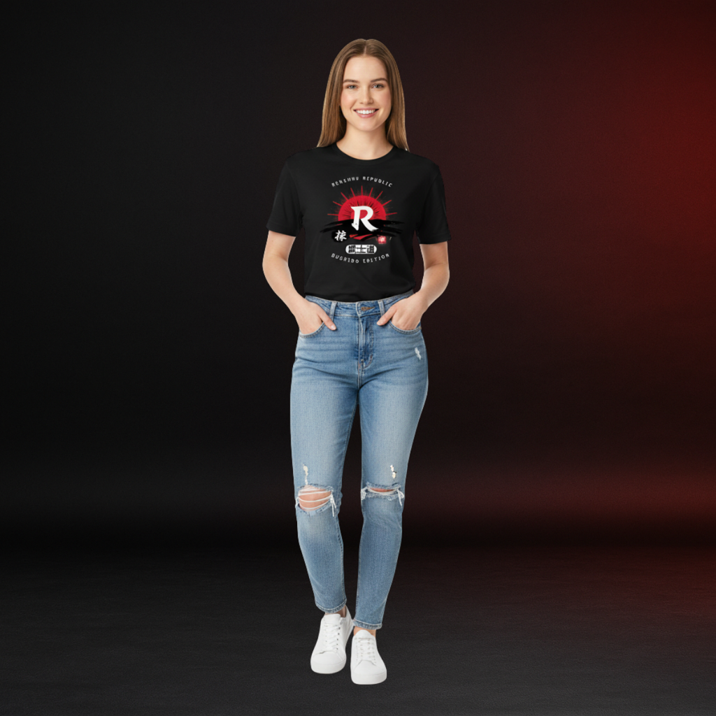 Person wearing a black t-shirt with a logo and blue jeans on a dark background