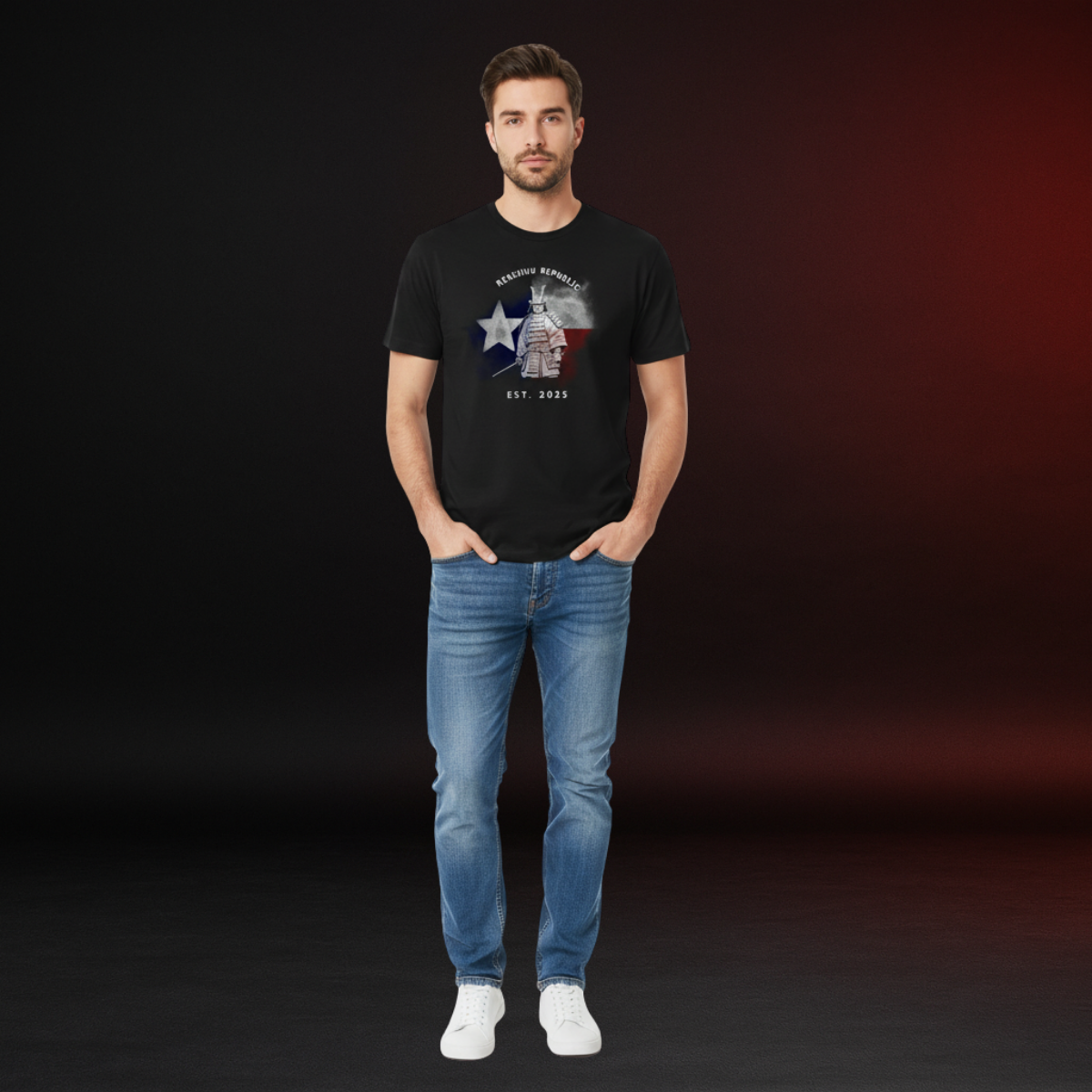 Man wearing a black t-shirt with a graphic design on a dark background