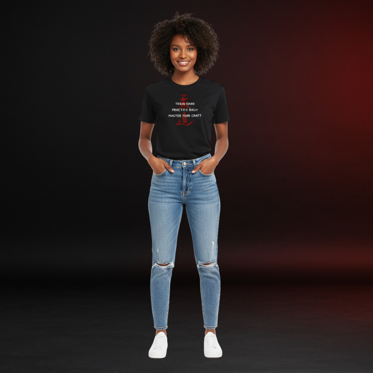 Person wearing a black t-shirt and blue jeans on a dark background