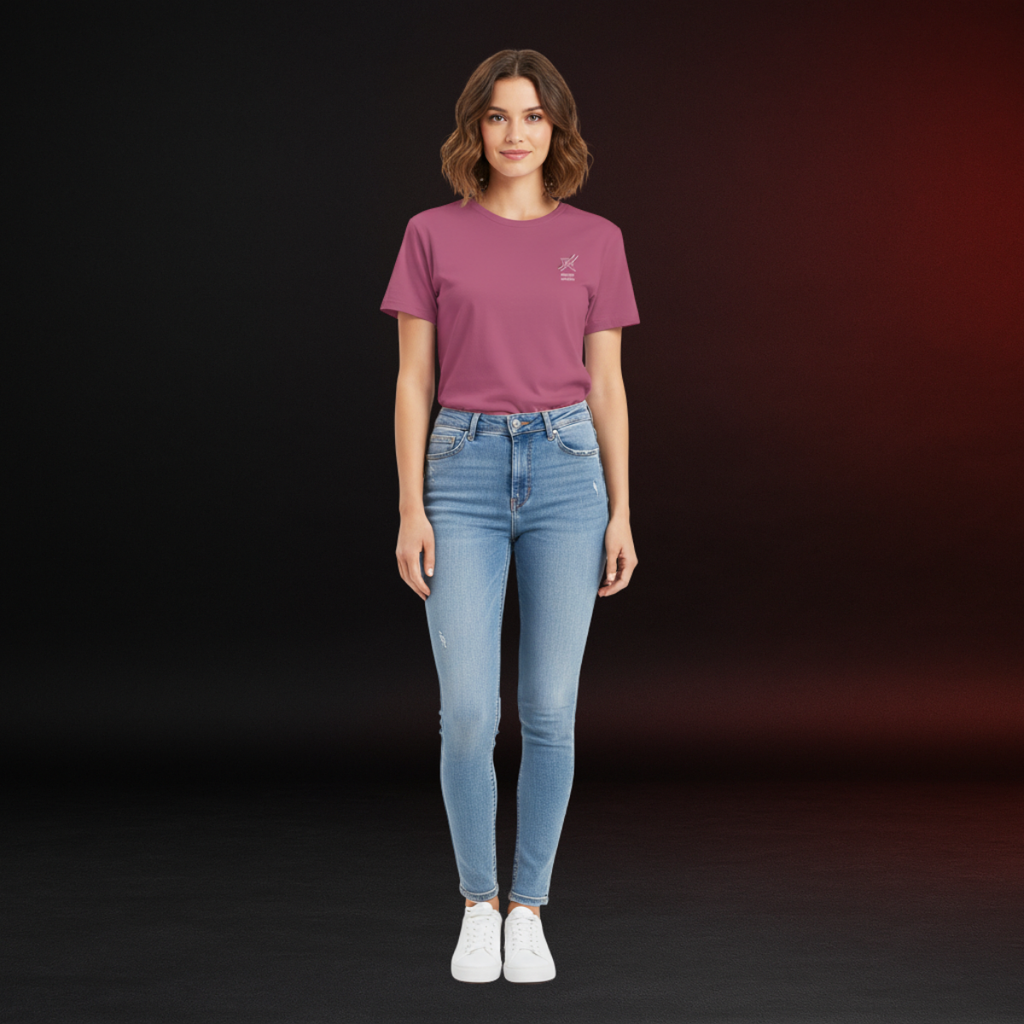 Woman wearing a purple t-shirt and blue jeans against a dark background