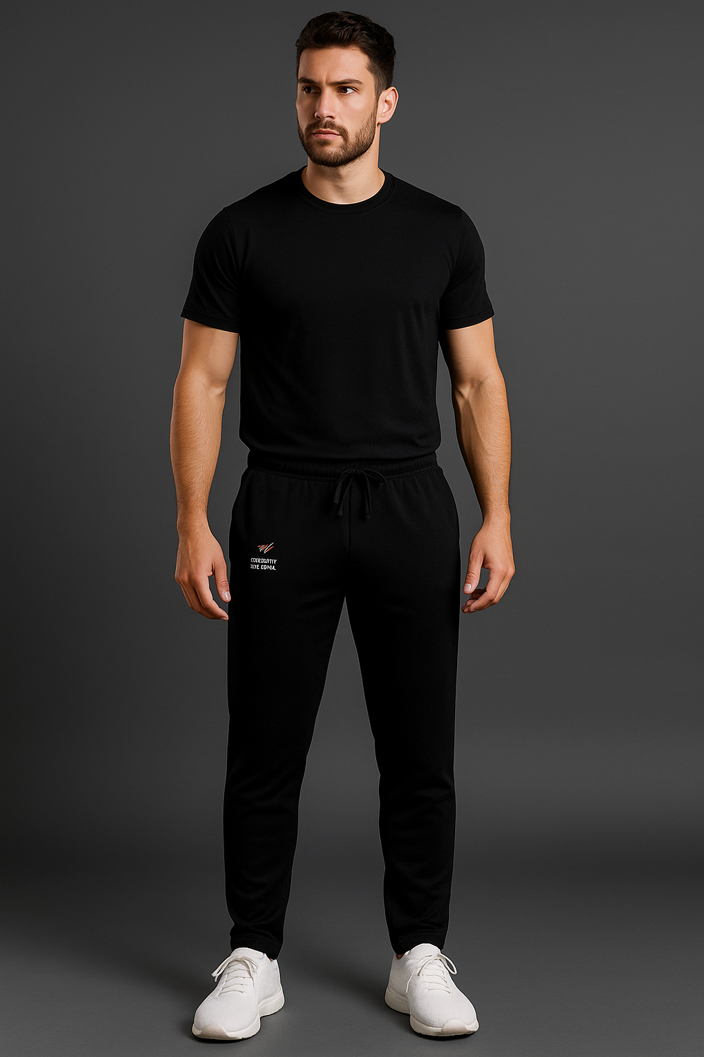 Man wearing a black t-shirt and black pants with a logo on a gray background