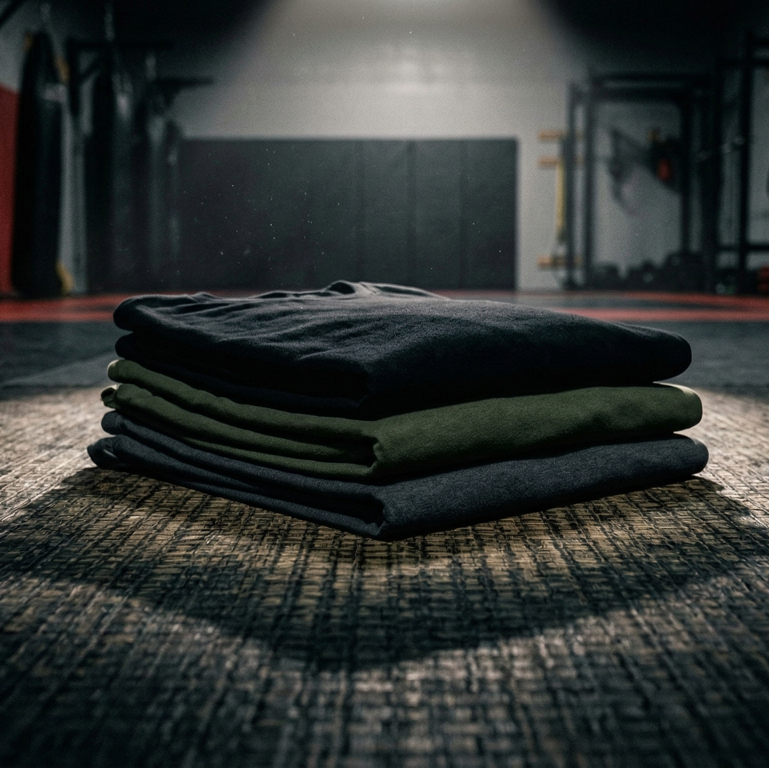 Stack of 3 shirts, black, olive green and gray