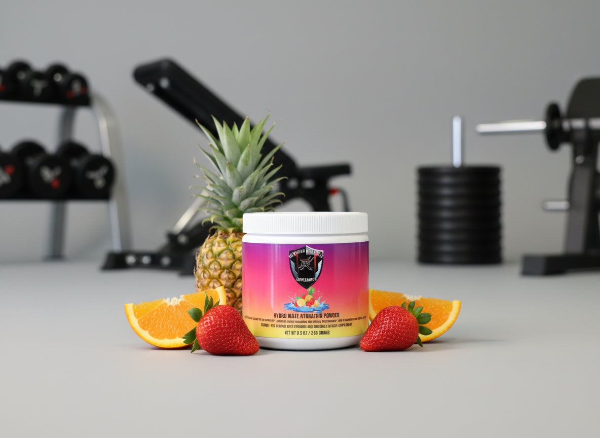 Supplement container with colorful label featuring a brand logo and product name.