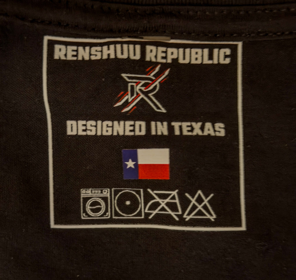 Label with 'Renshuv Republic' branding and 'Designed in Texas' text on a black background.