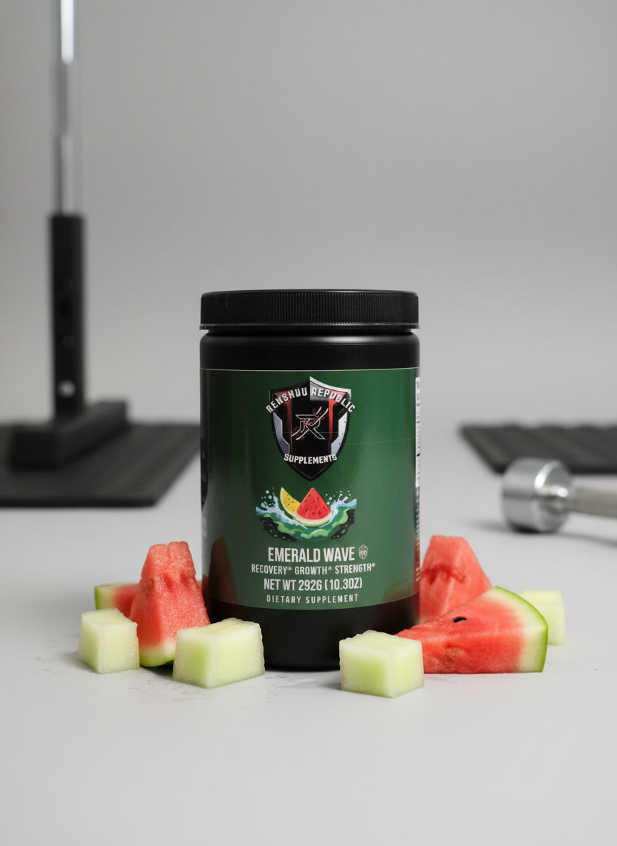 Supplement container with visible branding on a countertop