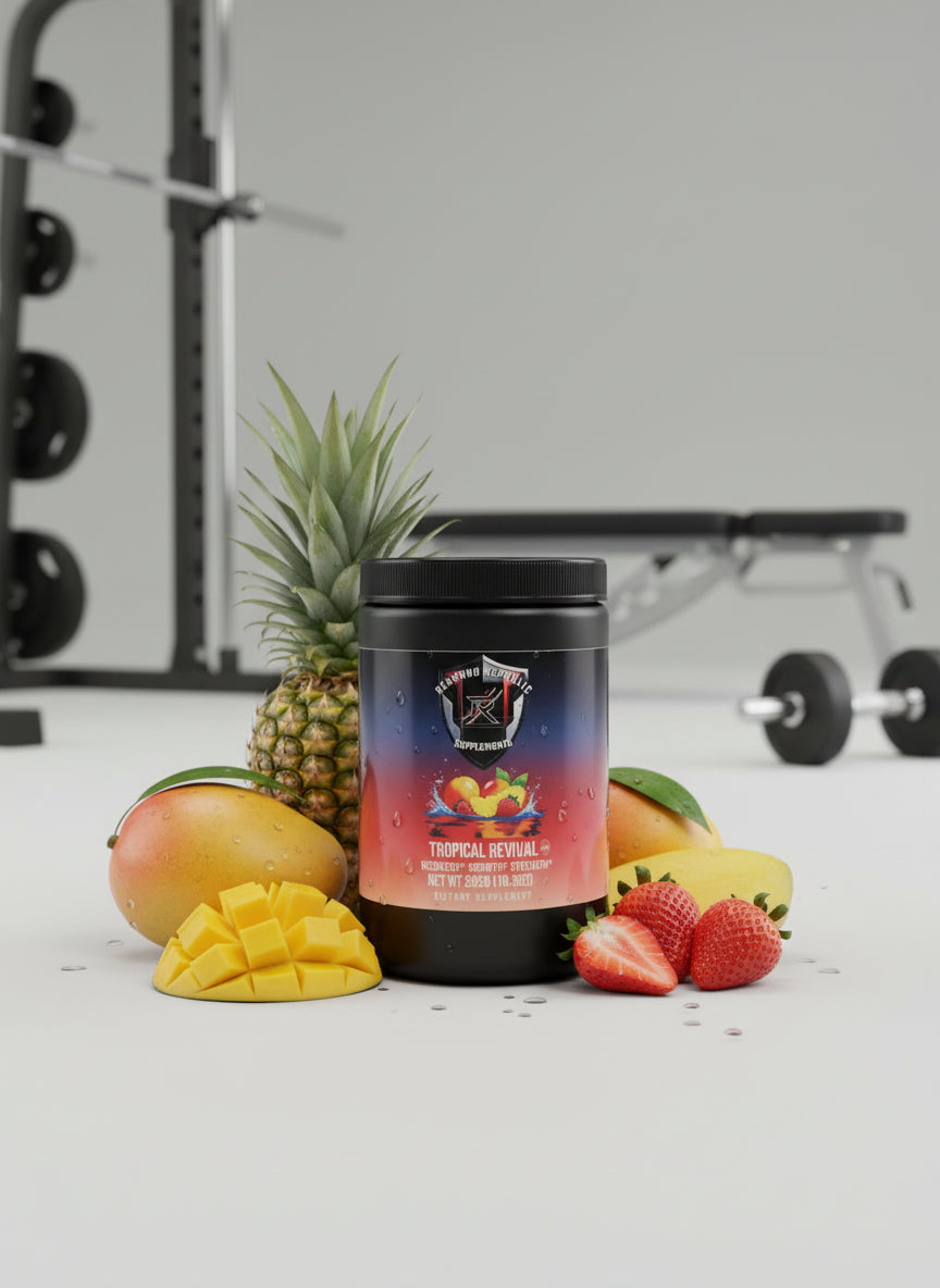 Supplement container with a colorful label on a textured surface