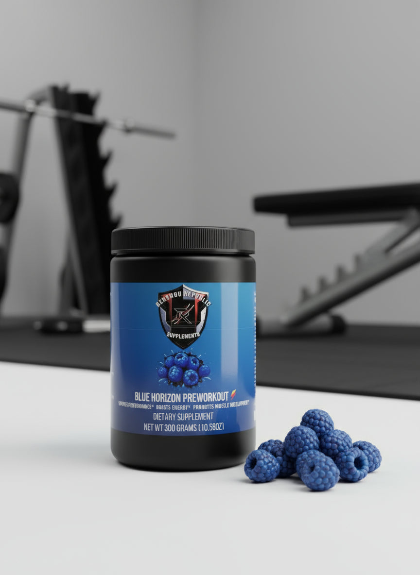 Preworkout supplement container with blue label and raspberries on a light surface.