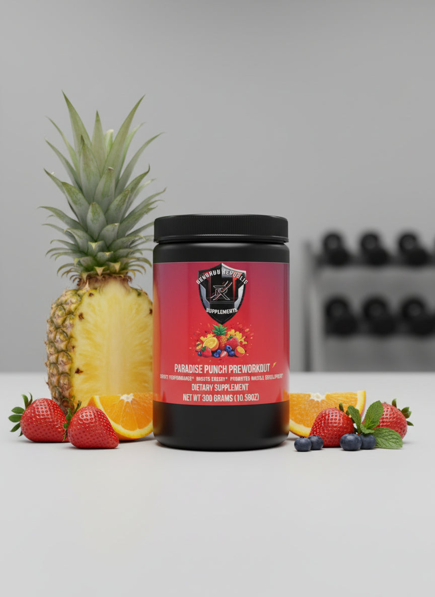 Supplement bottle with red label on a countertop