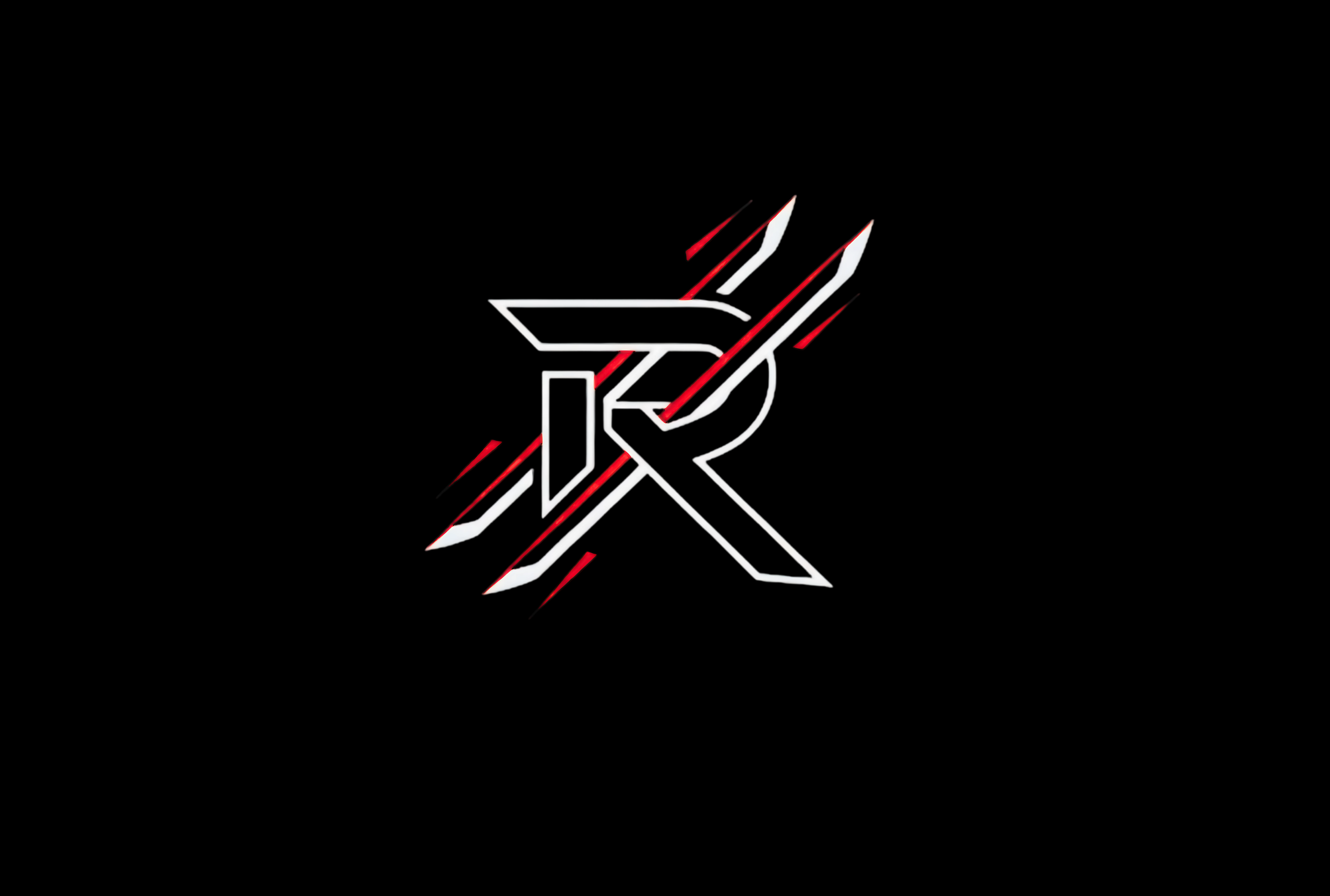 Logo with a stylized letter 'R' design on a black background