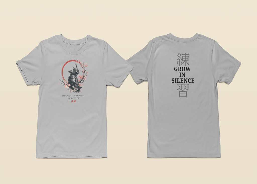 Gray t-shirt with front and back designs on a beige background