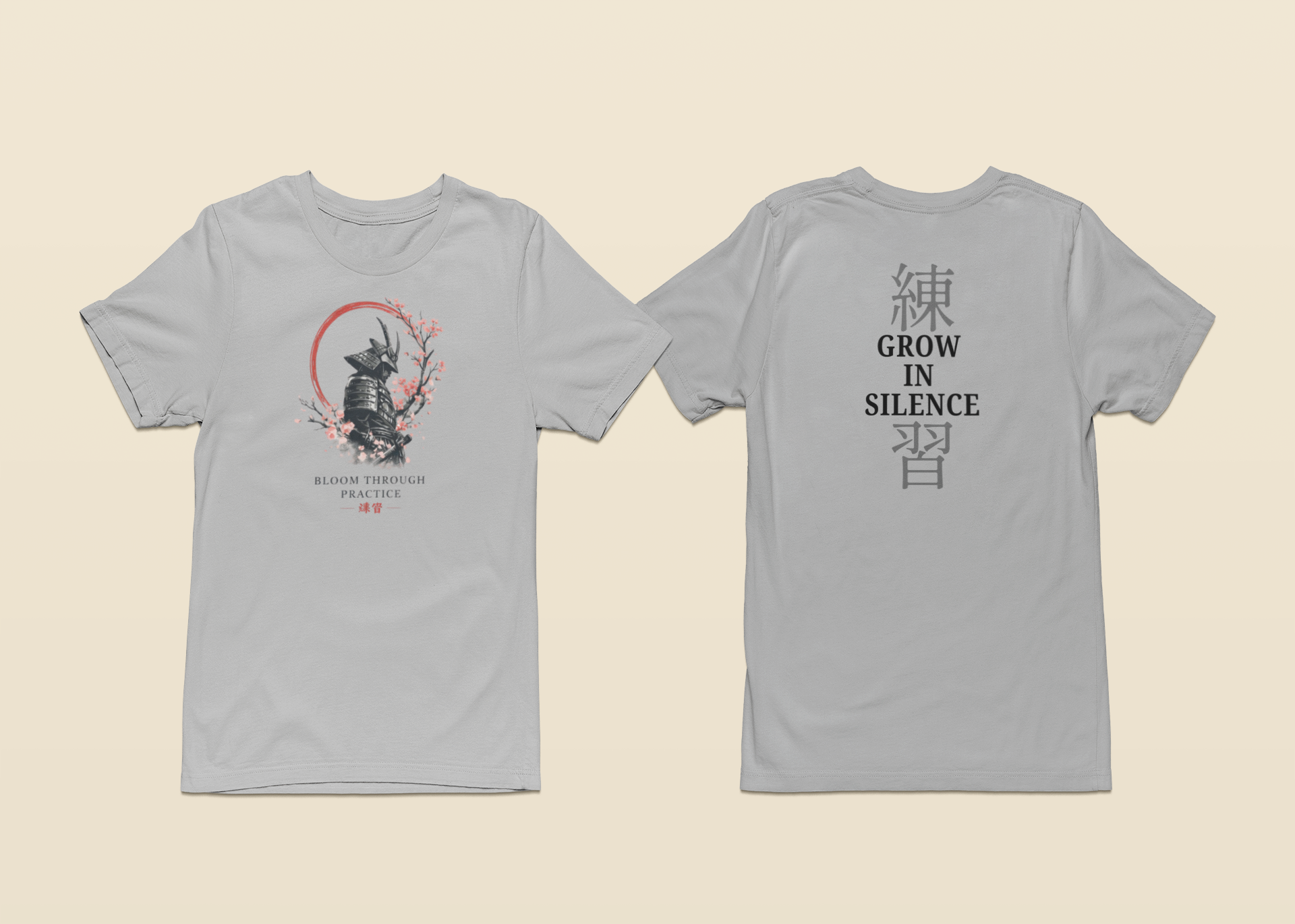 Gray t-shirt with front and back designs on a beige background