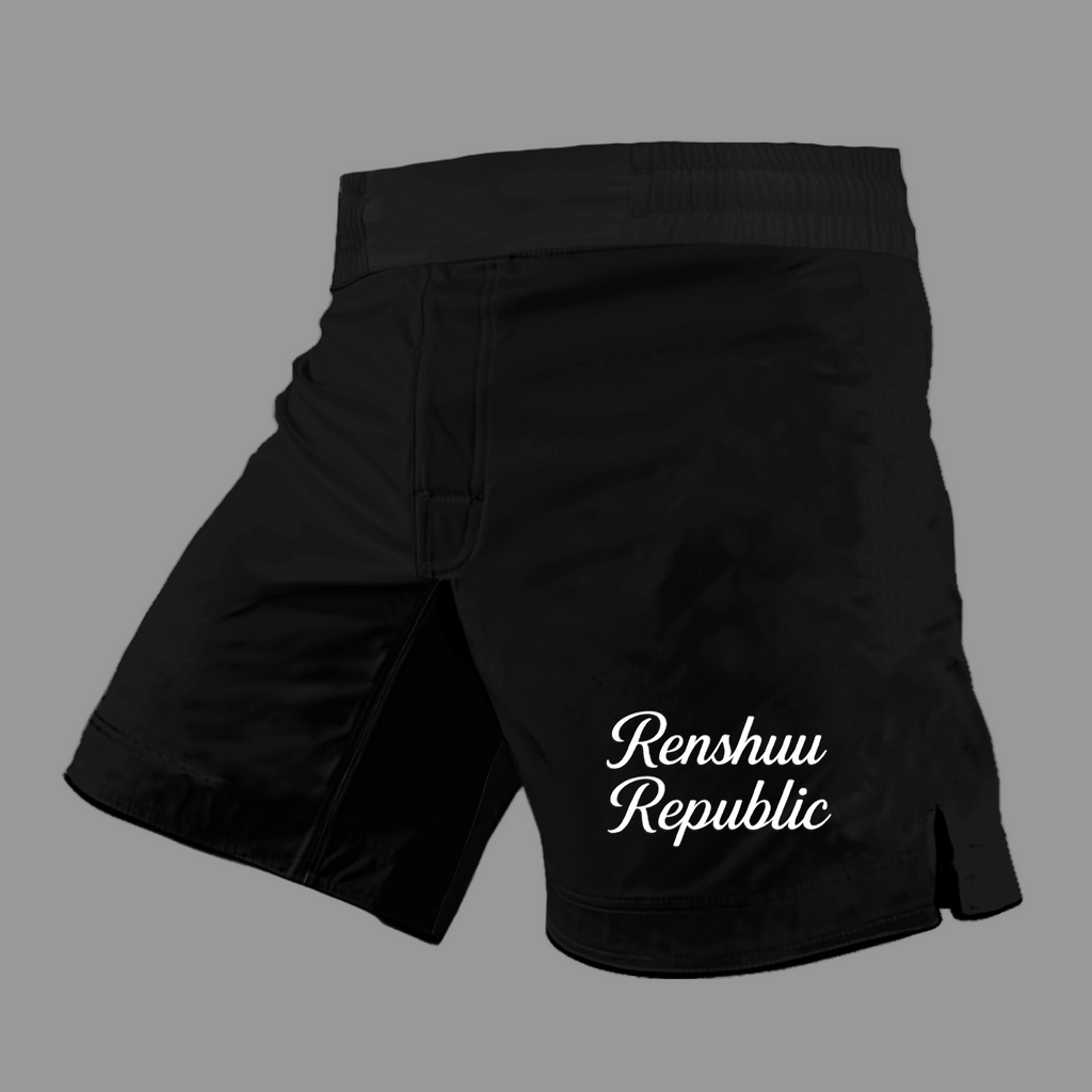 Black shorts with 'Renshuu Republic' text on a white background